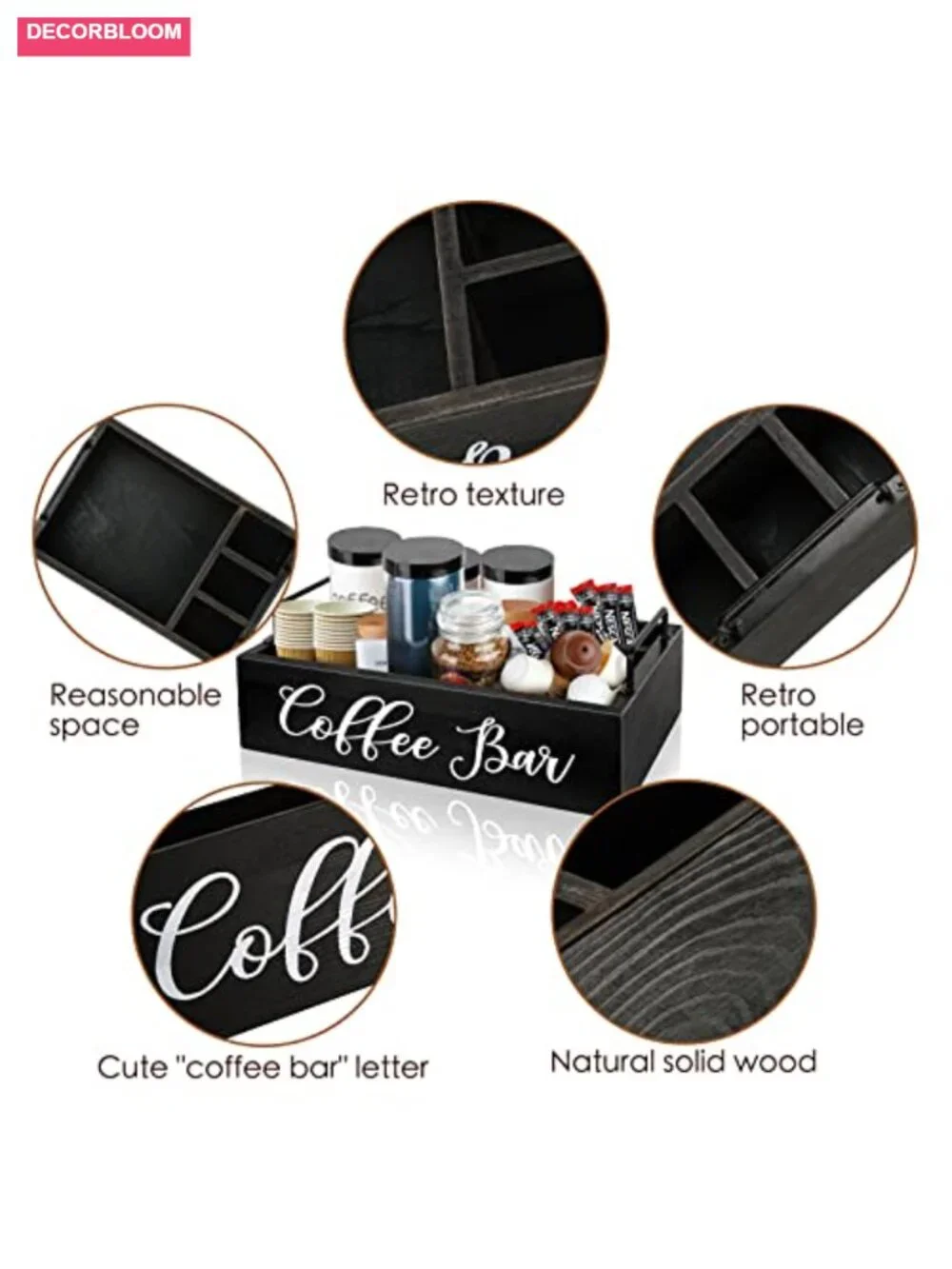 Solid Wood Coffee Station Organizer with 4 Compartments for K-Cups and Tea Bags